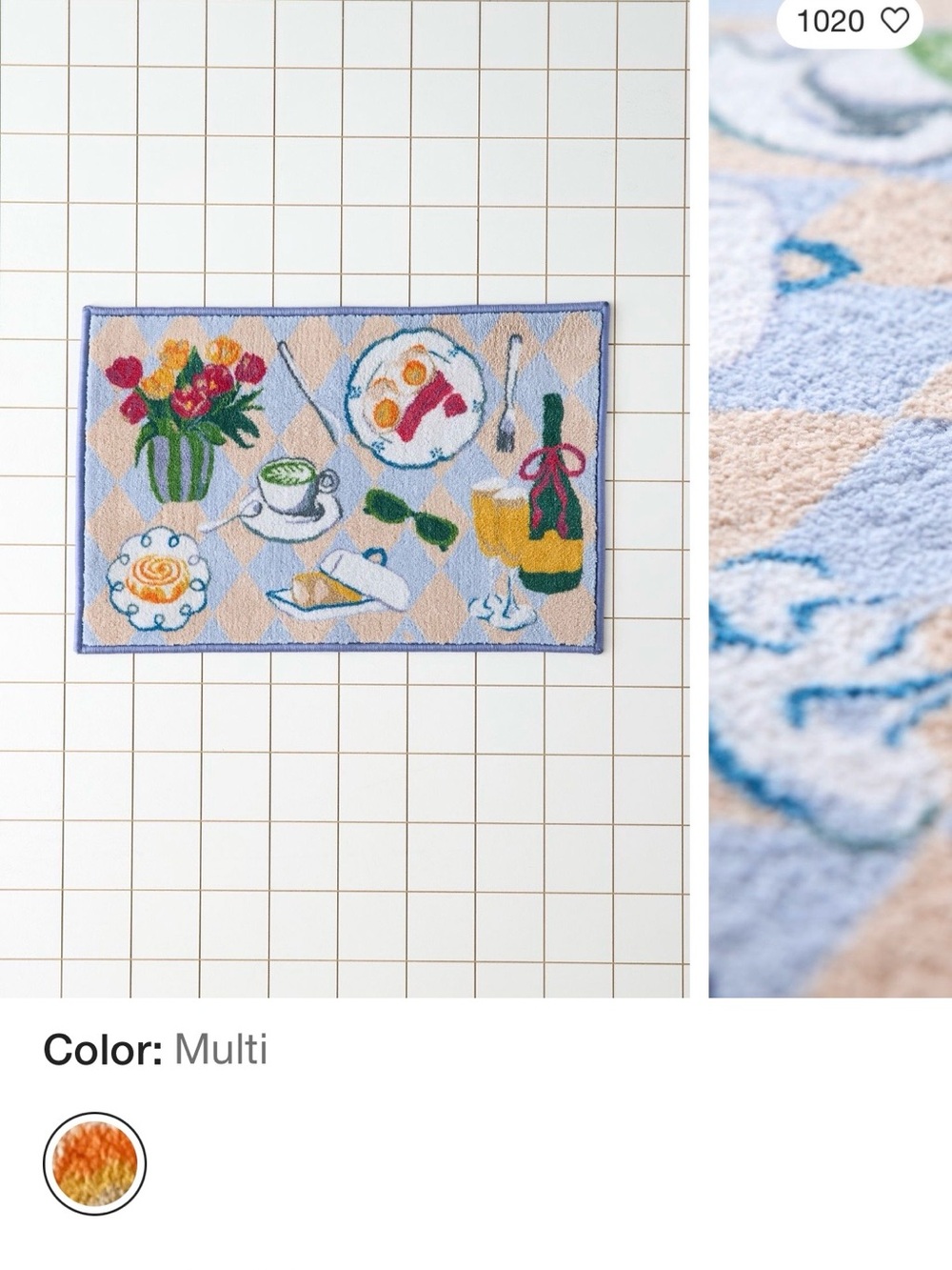 Bath Mat- Breakfast Print - Blue Beige, White - Picture 6 of 6